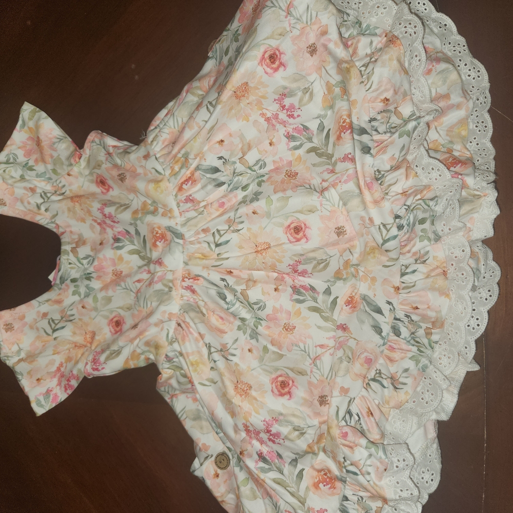 cheeky plum Sweet As A Peach Floral Eyelet Ruffle Trim Dress With Pockets